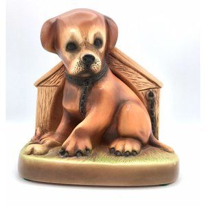 Bulldog Puppy Dog and Bone Doghouse Chalkware Single Bookend Figurine 5.5" VTG